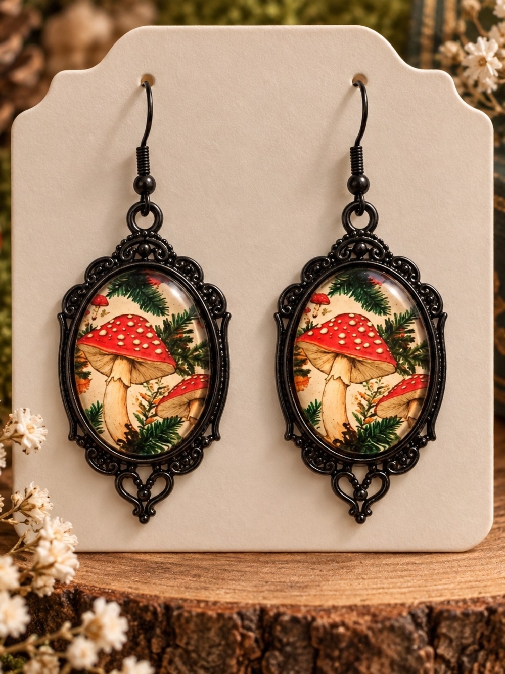 Vintage-Inspired Mushroom Cameo Drop Earrings in Red and Black New